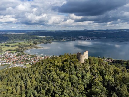 Aerial view of Lake Constance with the ruins of Altbodman with the village of Bodman-Ludwigshafen,
