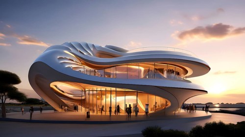 Modern art museum architecture inspired by seashells spiral patterns, AI generated