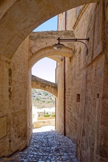 Paths and corridors in the tuff of the Sassi Barisano in the cave town of Matera. The cave