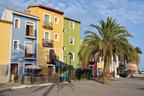 Colourful house facades, La Vila Joiosa, Villajoiosa, Costa Blanca, Valencian Country, Spain,