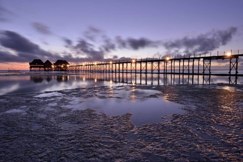 Jetty of the Dongwe Club Hotel at dawn, Dongwe Beach, Dongwe, Zanzibar, Tanzania, Africa