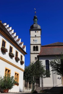Town hall and Protestant church in Mainbernheim, Lower Franconia, Bavaria, Germany, Europe