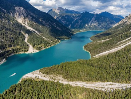 Aerial view of Plansee, Reutte, Ammergau Alps, Tyrol Austria, Plansee, Tyrol, Austria, Europe