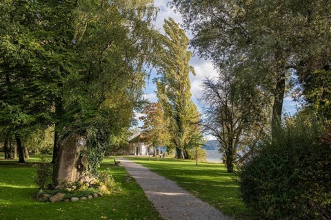 Footpath through Mettnaupark with memorial stone by the poet Joseph Victor von Scheffel and the