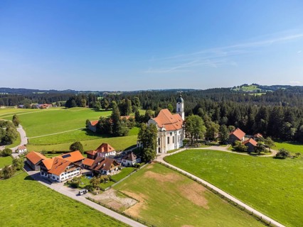 Aerial view of the pilgrimage church, Wieskirche, Steingaden, Romantic Road, Pfaffenwinkel, Upper