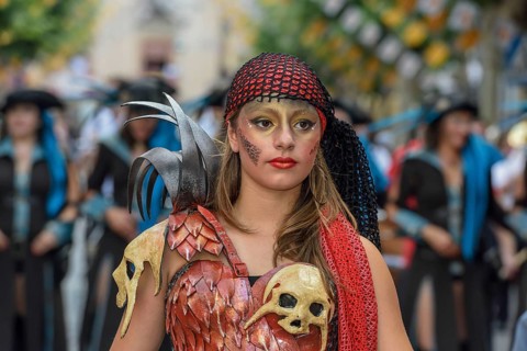 Woman in traditional clothes, Moors and Christians Parade procession, Moros y Cristianos, Jijona or