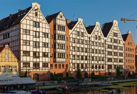 The harbour district on the Motlawa, Motlawa, in the city centre of Gdansk. Gdansk, Pomerania,