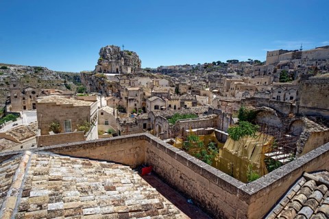 The rock church of Santa Maria dell'Idris towers over the Sasso Caveoso district in the cave town