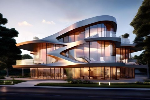 KI generated architectural structure melding computer aided design illustrations with genuine