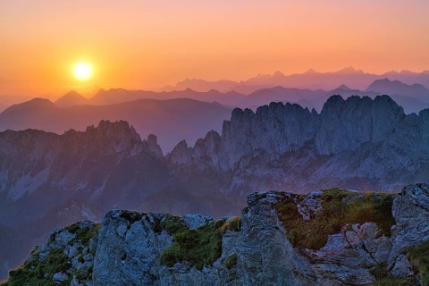 Fribourg Prealps with Gastlosen mountain range at sunrise, Bernese Alps behind, cantons of Fribourg