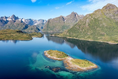 Aerial view over fjord Raftsund, the waterway between Lofoten and Vesteralen island, island