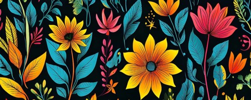 Botanical doodle background illustration with flower and leaves in abstract shapes, AI generated