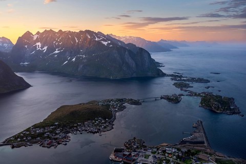 View from Reinebringen mountain to the village of Reine, Lilandstinden mountain and other mountains