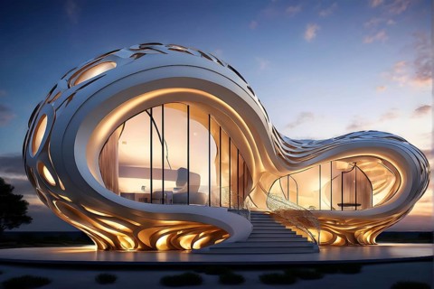 Modern art museum architecture inspired by seashells spiral patterns, AI generated