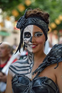 Woman in historic clothing, smiling, Moors and Christians Parade, Moros y Cristianos, Jijona or