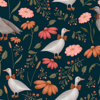 Seamless watercolor pattern illustration with geese, wildflowers and leaves on dark blue background