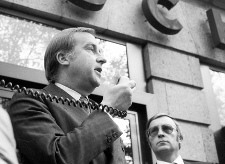 About 5000 steelworkers of Hoesch AG took to the streets to protest for the preservation of their
