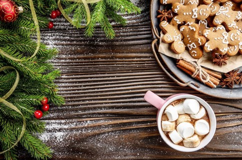 Flat lay Christmas background of pink mug with hot chocolate and marshmallows, spruce branch and