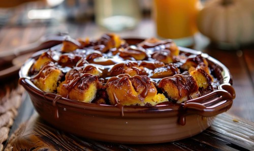 A pumpkin bread pudding with a caramel drizzle served in a baking dish AI generated
