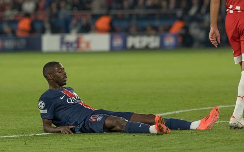 Football match, Ousmane DEMBELE' Paris St Germain exhausted with eyes closed and legs stretched out