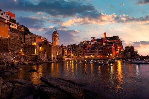 Vernazza, small italian town on the seashore at sunset