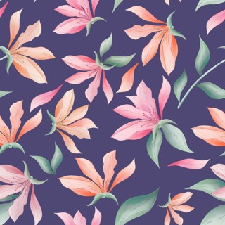 Magnolia flowers and leaves on dark purple background watercolor painting, seamless repeat pattern