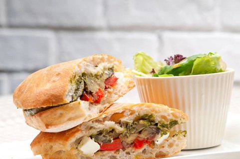 Italian ciabatta panini sandwichwith with vegetable and feta cheese