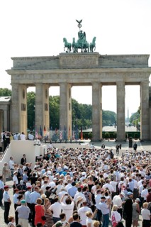 President Barack Obama delivering his speech at Pariser Platz square in front of the Brandenburg