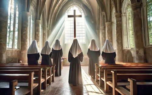 Catholic nuns at morning devotions in a chapel flooded with light, KI generated, AI generated