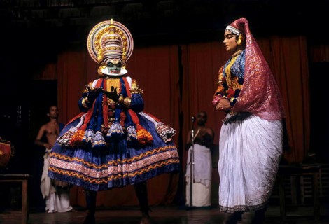 Green and Minukku character in Kathakali at Kerala Kalamandalam, classical dance of Kerala, India,