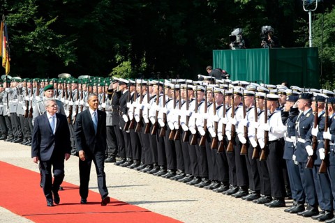 President Barack Obama during the welcoming ceremony at Bellevue Palace with the German President