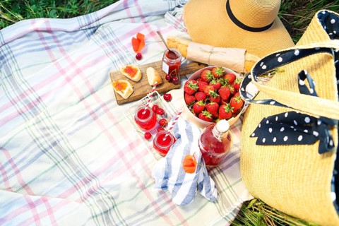 Basket, sandwiches, plaid and juice in a poppy field. Vintage tender background. Romance, love,