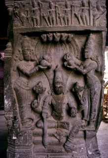 Vishnu with hi consorts Sridevi and Bhudevi sculpture in Ramaswamy temple pillared Mahamandapatam