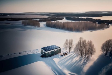 Trailer outdoors in winter in the forest with a solar panel on the roof. The concept of life