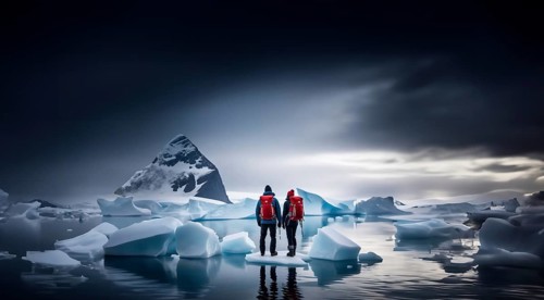 Two travelers with backpacks and winter clothes on an ice floe on a glacier in winter. Couple
