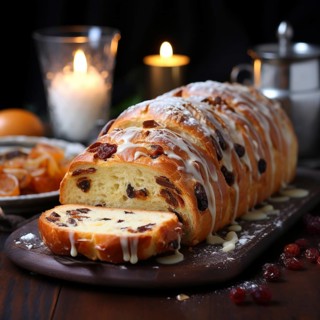 Christmas stollen in a festive setting, AI generated