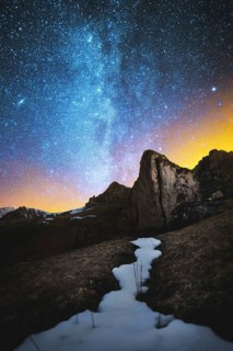 Night scenery done on long exposure. A beautiful Caucasian landscape of red rocks against the
