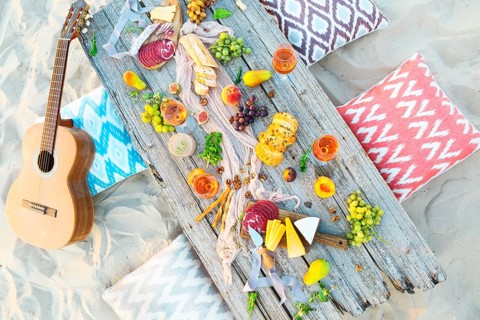 Top view beach picnic table outdoors. Beach party