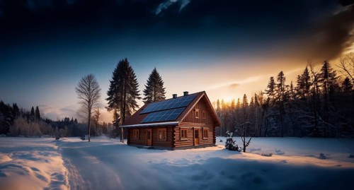 Solar battery on the roof of a village house in winter in nature. autonomous power supply at home,