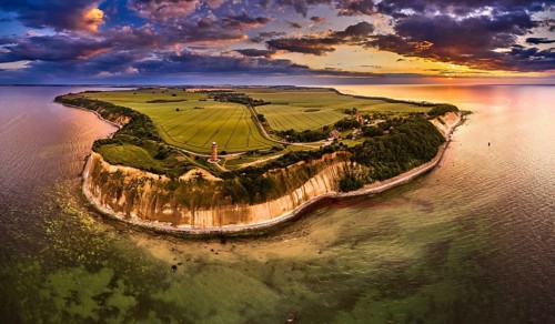 Drone view of lighthouses in sunset from northern part of island of Ruegen, called Kap Arkona