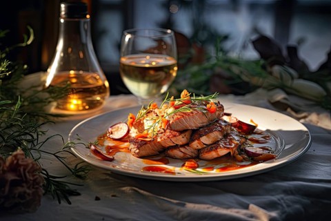 Grilled meat served on a plate with delicious decoration, KI generated, AI generated