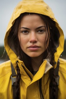 Young woman, dripping wet, brown hair in yellow rain jacket with hood, serious look, rain, Weter,