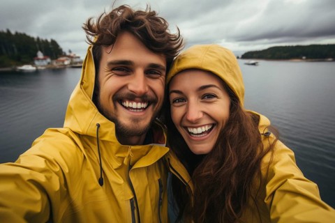 Young couple in mackintosh stands beaming with joy in free nature. behind Nordic landscape and