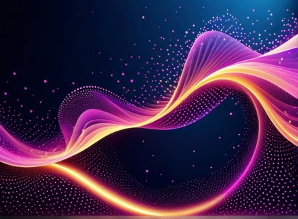 Colorful neon waves with particle effects on a dark background flow in pink and yellow hues, AI