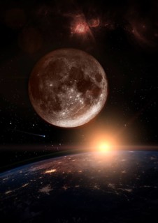 Moon over the dark planet Earth at sunrise. A nebula appears in the distance and a comet is running