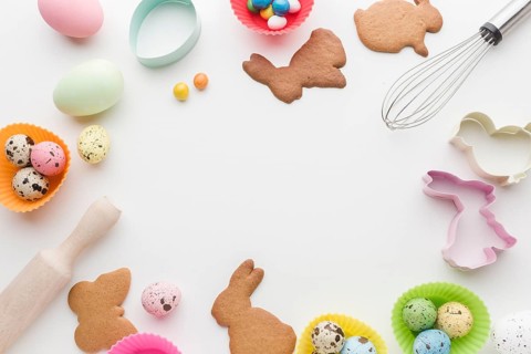 Top view cookies easter kitchen utensils frame