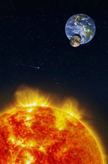 Fantasy composition of a solar eclipse seen from the Sun with the Moon projecting its shadow on the