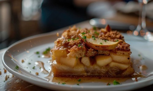Pear and caramel bread pudding AI generated