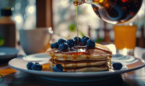 Fresh blueberry pancakes drizzled with maple syrup AI generated