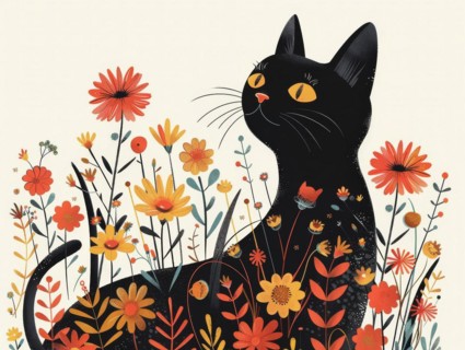 Stylized graphic illustration of a black cat lounging among warm-colored flowers, ai generated, AI